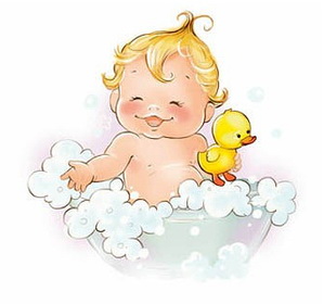 иллюстрация ребенок купается в пене с уточкой
